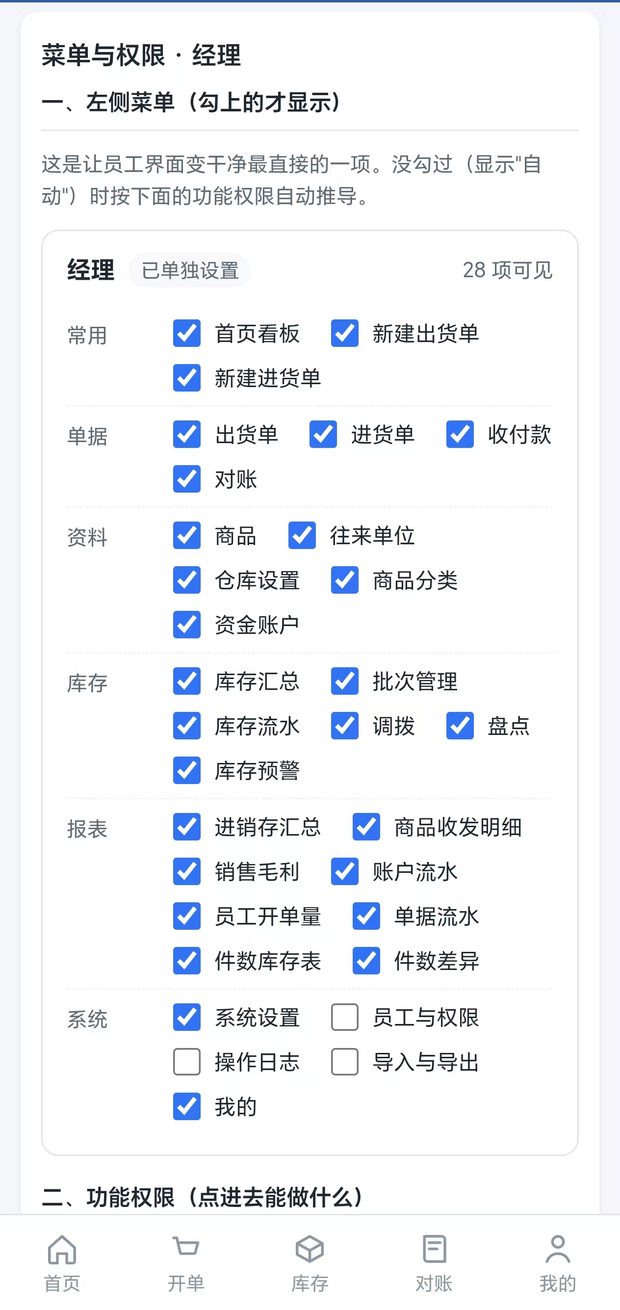 乐存进销存手机端功能权限矩阵：商品、往来单位、库存、进货、出货、收付款逐项勾选